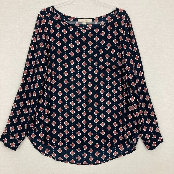 LOFT Navy Red Floral Round Neck Long Sleeve Blouse Large Preppy Office - Picture 1 of 11